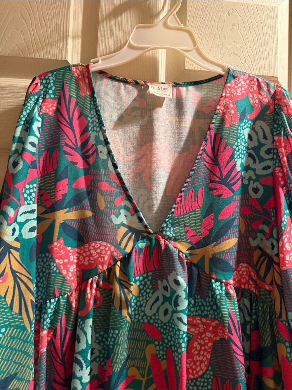Peach Love California Floral Chemise dress in Pink and Teal Trim